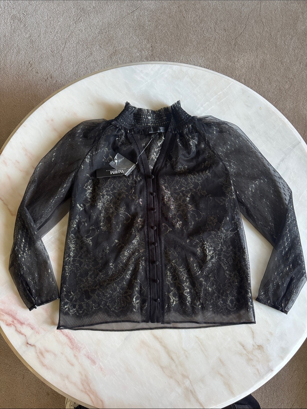 H&M Black Sheer Lace Blouse with Smocked Neck